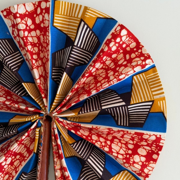 Vintage African Fabric Folding Fan Handmade Leather Handle Abstract - Picture 3 of 6